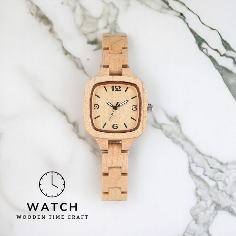 Luxury square-dial maple wood ladies watch with full wooden bangle. Elegant and creative timepiece, perfect as a gift for a girlfriend or wife.