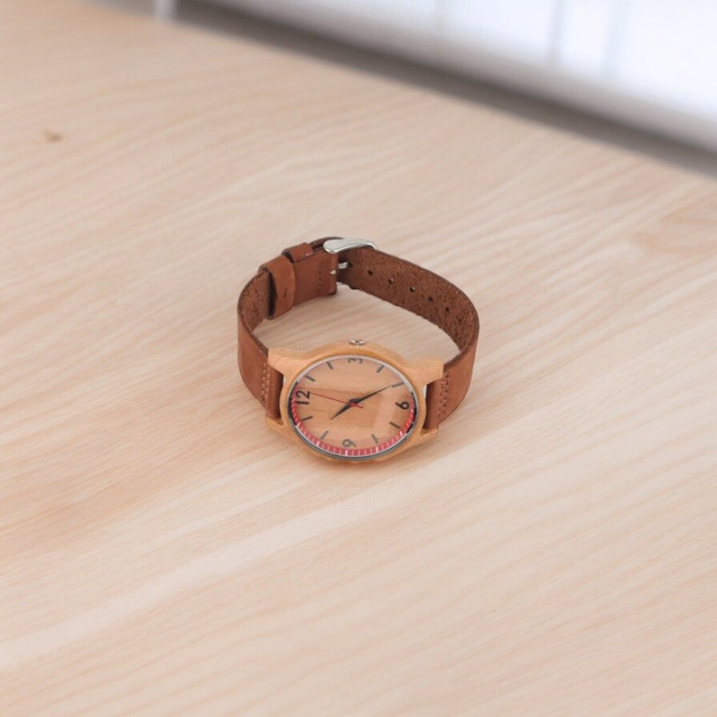 Stylish Cherry Wood Women Watch with Leather Band and Quartz Movement, Minimalist Red-Accented Dial, Perfect Gift for Her