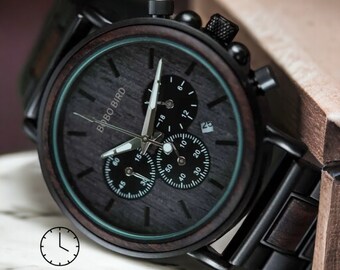 Montre chronographe en bois pour homme – Montre de luxe fabriquée à la main en bois et acier inoxydable.