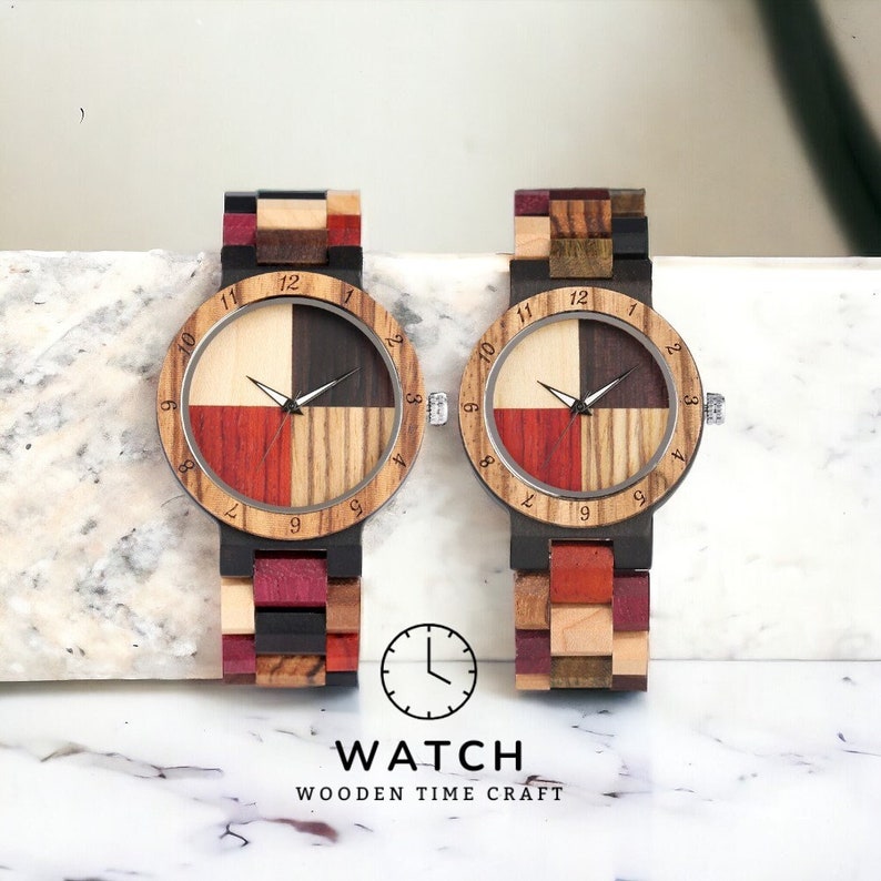 Stylish unisex quartz wristwatch featuring a colorful wood pattern dial and a matching natural wooden bangle band. Ideal for couples. Eco-friendly and fashionable.