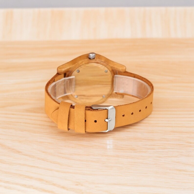 Stylish Cherry Wood Women Watch with Leather Band and Quartz Movement, Minimalist Red-Accented Dial, Perfect Gift for Her