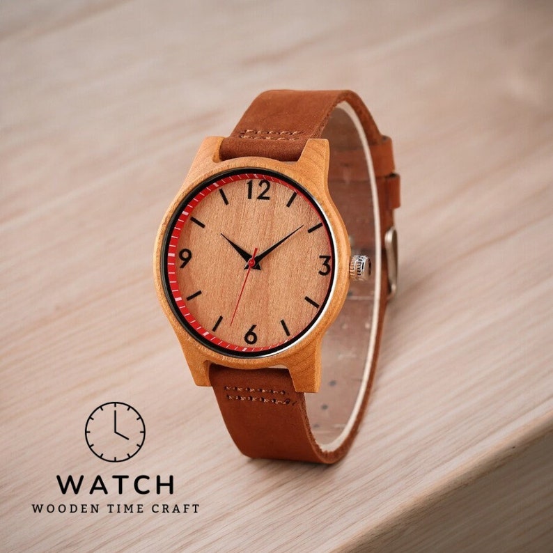 Stylish Cherry Wood Women Watch with Leather Band and Quartz Movement, Minimalist Red-Accented Dial, Perfect Gift for Her