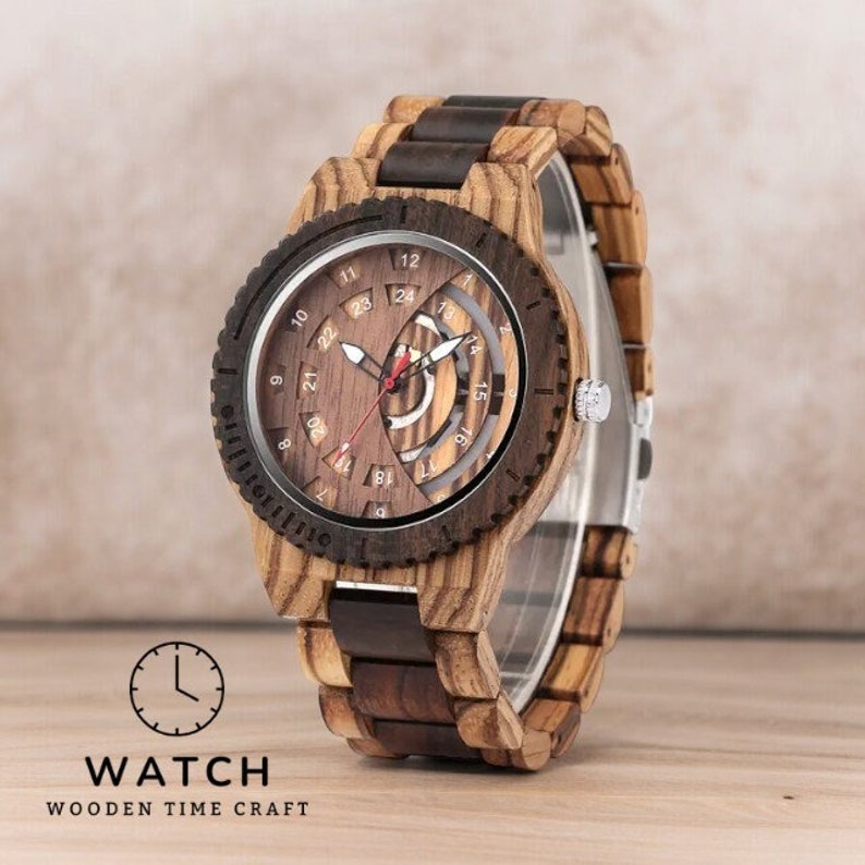 Men wooden watch with hollow gear dial and full wood wristband, featuring a casual design and secure folding clasp.