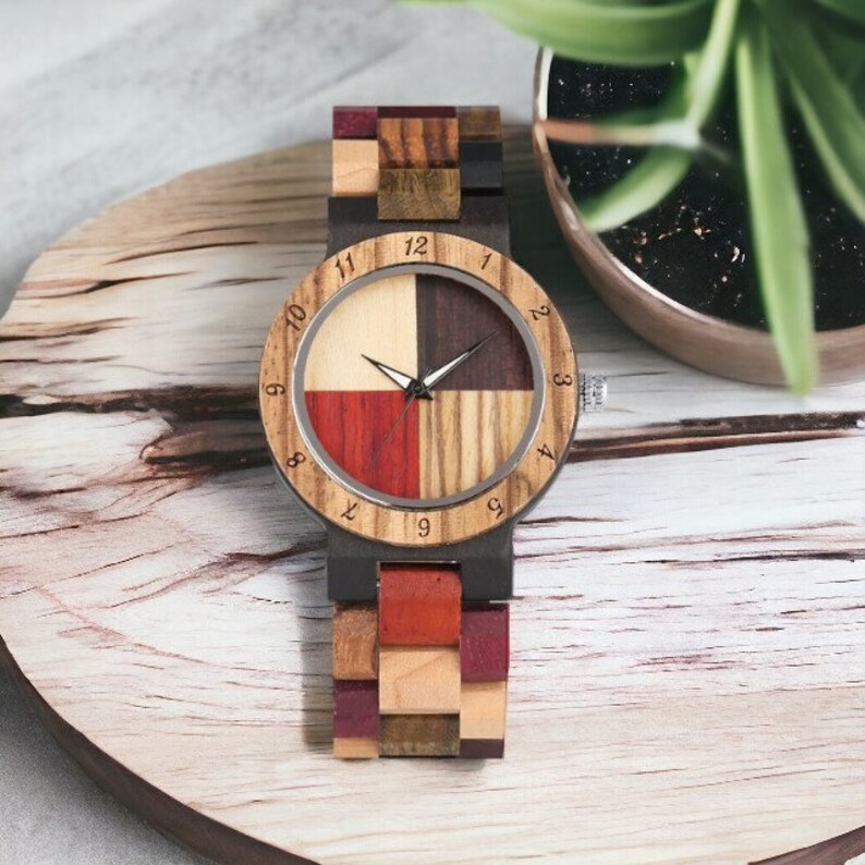 Stylish unisex quartz wristwatch featuring a colorful wood pattern dial and a matching natural wooden bangle band. Ideal for couples. Eco-friendly and fashionable.