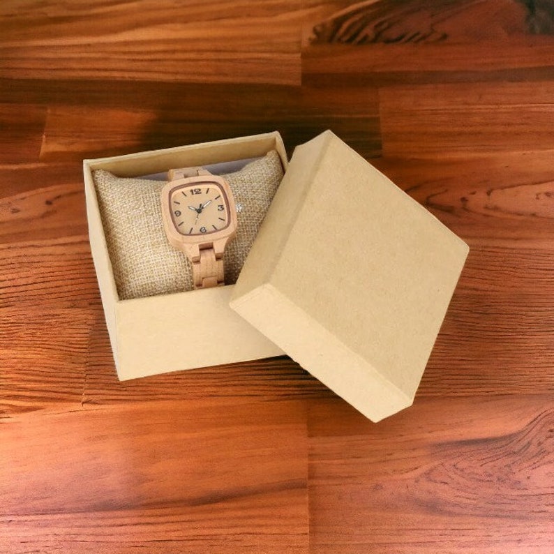 Luxury square-dial maple wood ladies watch with full wooden bangle. Elegant and creative timepiece, perfect as a gift for a girlfriend or wife.