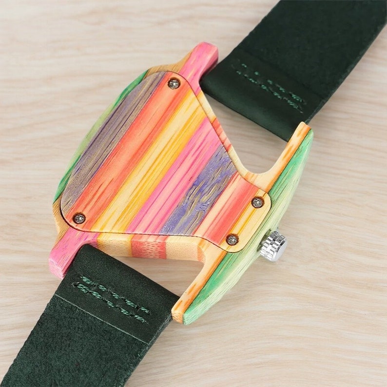 Creative triangular women wooden watch with a colorful dial, accented by green and red genuine leather bands, showcasing elegance and style. Perfect as a top gift choice.