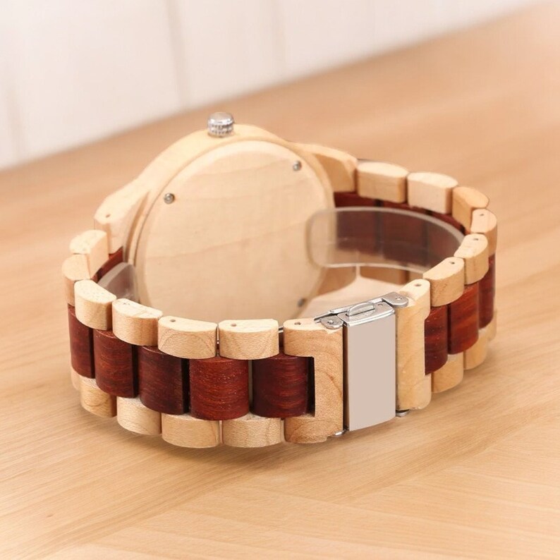 Men wooden watch with hollow gear dial and full wood wristband, featuring a casual design and secure folding clasp.