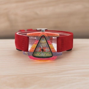 Creative triangular women wooden watch with a colorful dial, accented by green and red genuine leather bands, showcasing elegance and style. Perfect as a top gift choice.