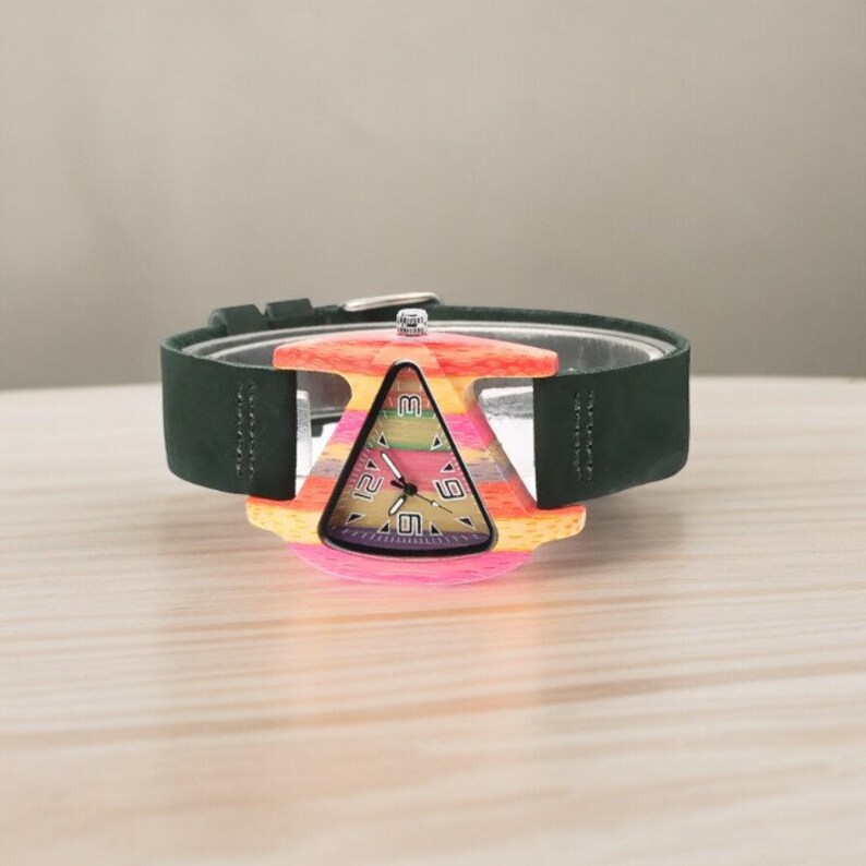 Creative triangular women wooden watch with a colorful dial, accented by green and red genuine leather bands, showcasing elegance and style. Perfect as a top gift choice.