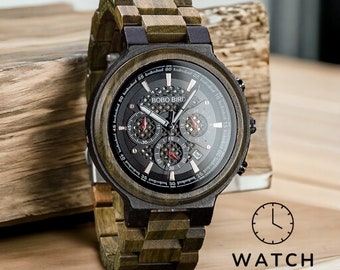 Montre élégante en bois de santal vert pour homme - Mouvement chronographe à quartz, ultra-légère et élégante - Cadeau parfait pour lui