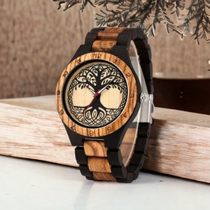 Classic Zebrawood quartz wristwatch for couples featuring a unique life tree pattern on the round dial. Bracelet-style wooden band suitable for both men and women.