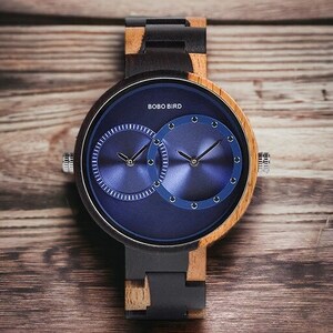 Elegant wooden quartz wristwatch with dual time zone feature, designed for men. Includes options for personalization, making it an ideal custom gift. Packaged in a sophisticated wooden box.