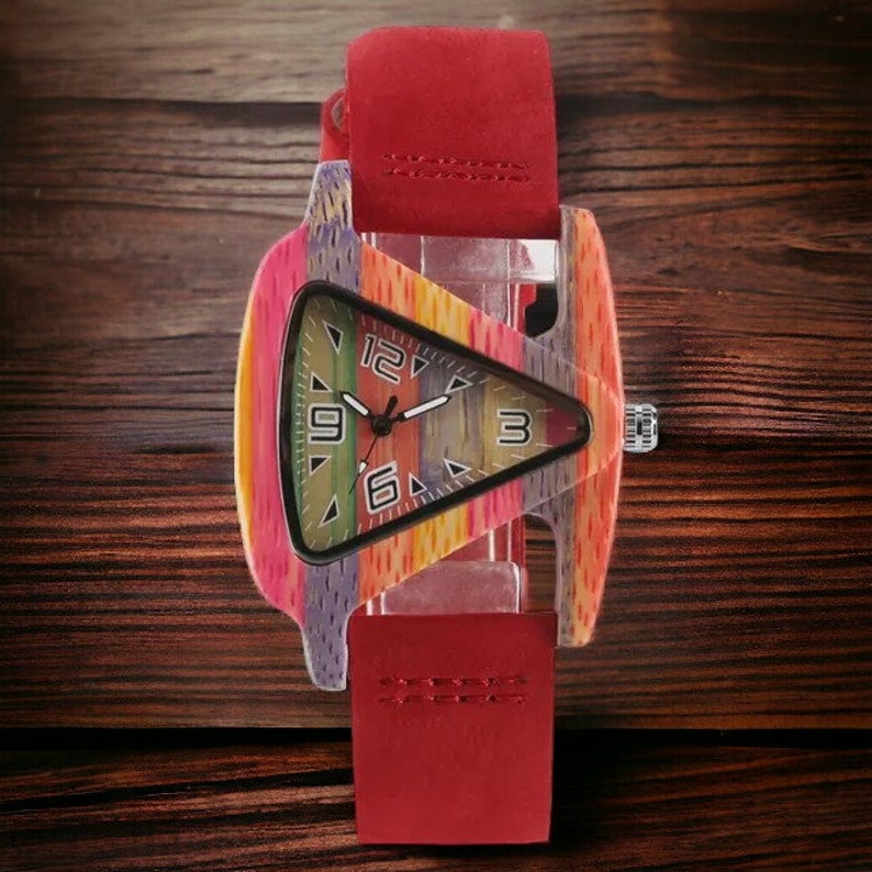 Colorful Triangle Dial Wood Watch Creative Quirky Hour Clock Women's Quartz Leather Bracelet