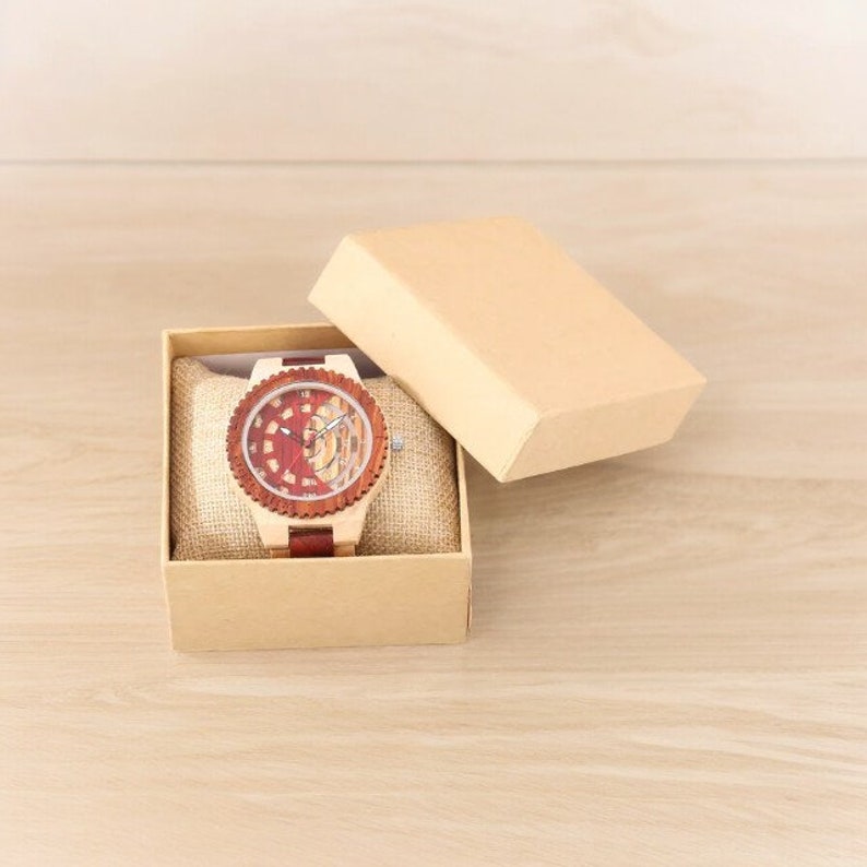 Men wooden watch with hollow gear dial and full wood wristband, featuring a casual design and secure folding clasp.