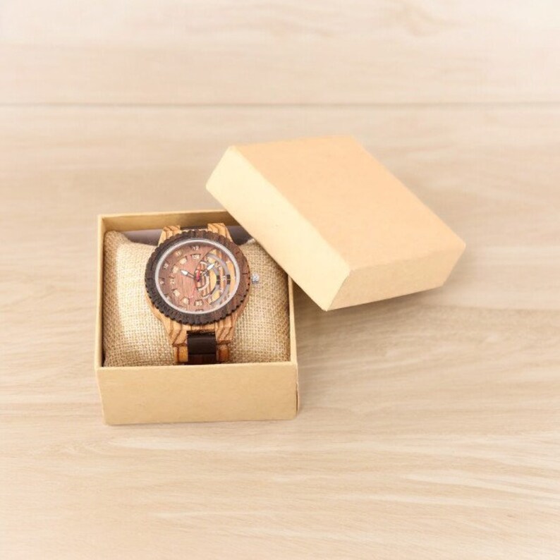 Men wooden watch with hollow gear dial and full wood wristband, featuring a casual design and secure folding clasp.