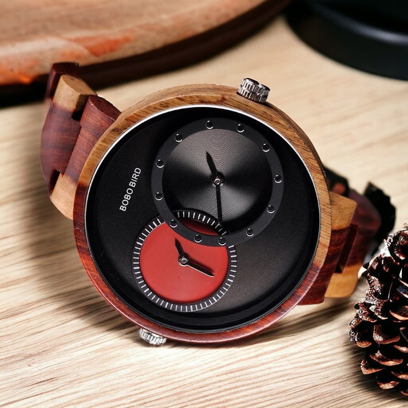 Elegant wooden quartz wristwatch with dual time zone feature, designed for men. Includes options for personalization, making it an ideal custom gift. Packaged in a sophisticated wooden box.