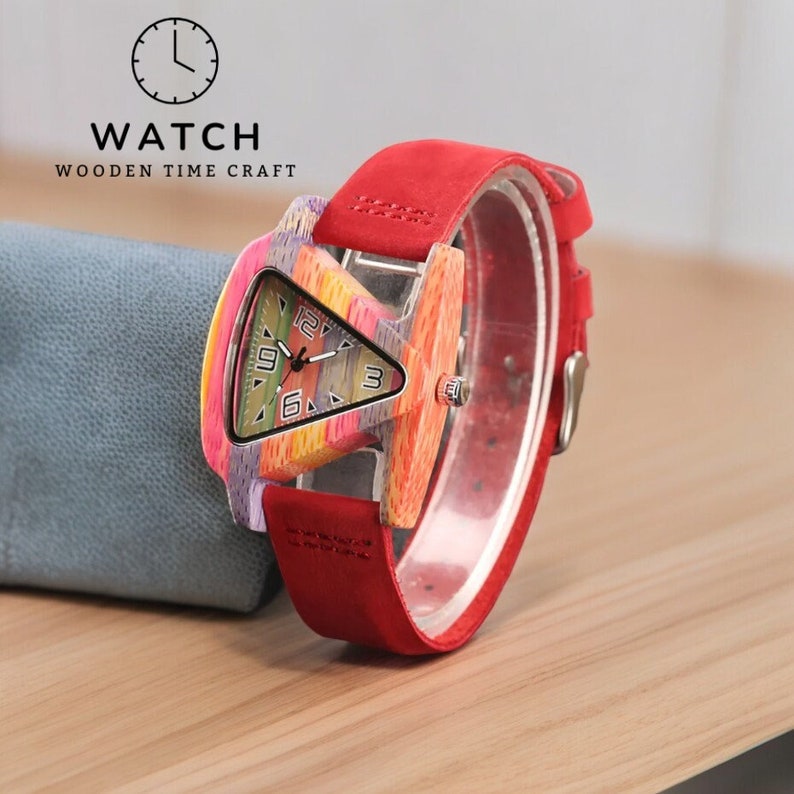 Creative triangular women wooden watch with a colorful dial, accented by green and red genuine leather bands, showcasing elegance and style. Perfect as a top gift choice.