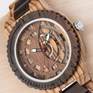 Men wooden watch with hollow gear dial and full wood wristband, featuring a casual design and secure folding clasp.