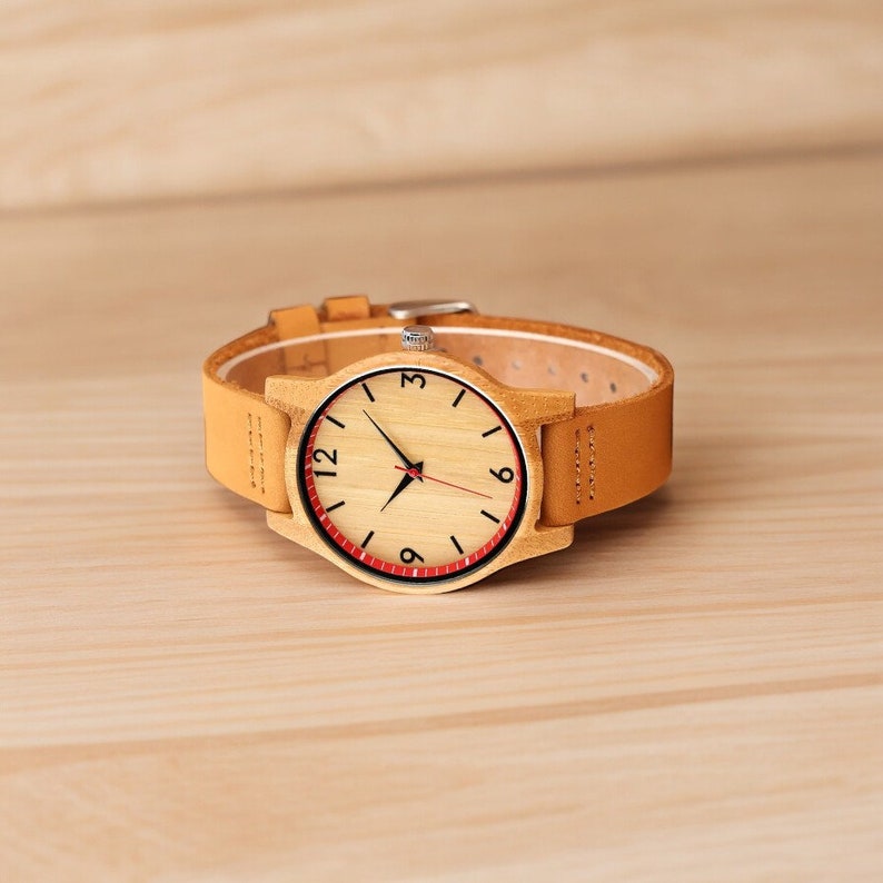 Stylish Cherry Wood Women Watch with Leather Band and Quartz Movement, Minimalist Red-Accented Dial, Perfect Gift for Her