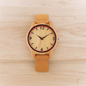 Stylish Cherry Wood Women Watch with Leather Band and Quartz Movement, Minimalist Red-Accented Dial, Perfect Gift for Her