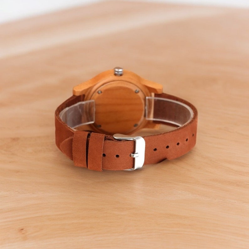 Stylish Cherry Wood Women Watch with Leather Band and Quartz Movement, Minimalist Red-Accented Dial, Perfect Gift for Her