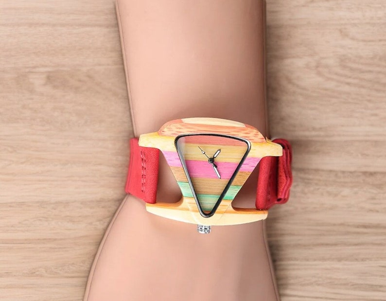 Creative triangular women wooden watch with a colorful dial, accented by green and red genuine leather bands, showcasing elegance and style. Perfect as a top gift choice.