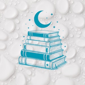 May include: A stack of six books with teal covers and spines, topped with a teal crescent moon and stars. The illustration is set against a white background with water droplets.