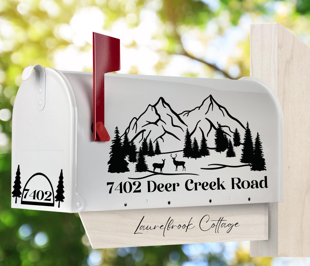 Rustic Deer Mail Box Custom Personalized Deer Rustic Woods Mountains Trees Mailbox Decal ...