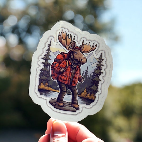 Cool Mountain Hiking Moose Sticker or Decal for Water Bottle, Laptop, Mugs and More