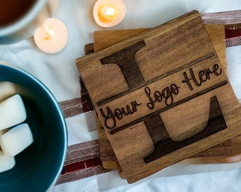 Custom Engraved Wood Coasters with Business Logo | Personalized Rustic Wooden Coaster Set | Hand Made Gift of Engraved Wood Coasters