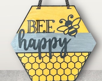 Bee Happy Wooden Hand Painted Sign for Bee Lovers Front Door Decor, a Unique Housewarming Gift for Spring
