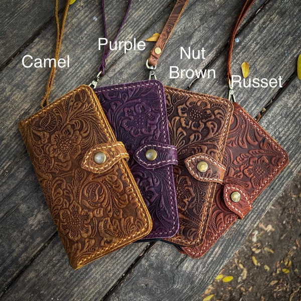 Leather iPhone 15 Pro Max Wallet Case for Women I Tooled Leather iPhone 15-14-13-12-11 Wallet Case I Western iPhone Card Holder