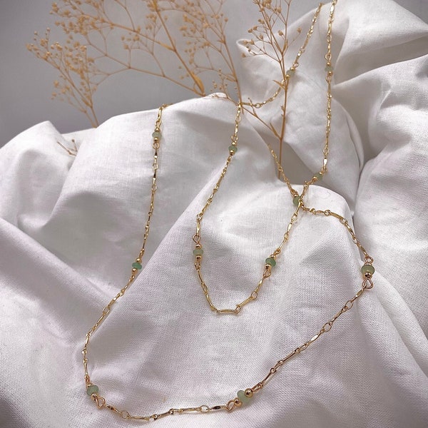 Dainty gold metal aventurine chain necklace, small filigree gold chain necklace with green aventurine 18”, simple dainty gold necklace