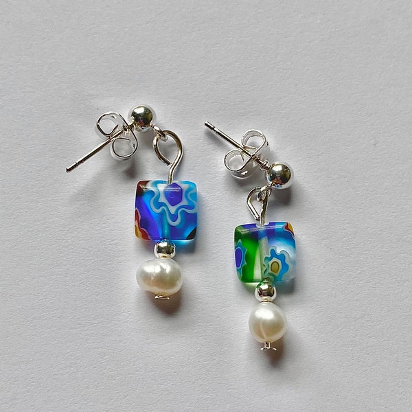 Floral glass bead earrings with freshwater pearls silver studs, silver stud earrings with square millefiori  glass beads, pearl earrings