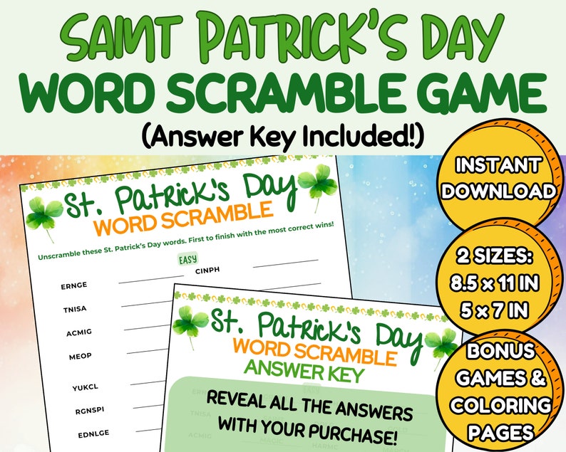 St Patrick's Day Word Scramble Party Game Guessing Activity Printable ...