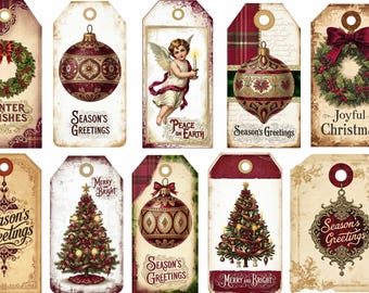 May include: A collection of vintage-style Christmas gift tags. Designs include wreaths, ornaments, Christmas trees, and an angel. Text includes "Winter Wishes," "Season's Greetings," "Peace on Earth," "Merry & Bright," and "Joyful Christmas."