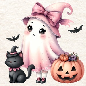 Adorable Halloween-themed illustration featuring a cute pink ghost wearing a pink witch hat with a bow, accompanied by a black cat in a miniature witch hat.  A smiling jack-o'-lantern adds to the festive scene.  The image is a 300 DPI PNG with a transparent background.