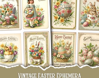 May include: A collection of vintage-style Easter ephemera cards. The cards feature illustrations of Easter eggs, bunnies, chicks, and floral arrangements. The text "Happy Easter" and "Easter Wishes" are displayed on the cards. The cards are labeled "Vintage Easter Ephemera" and "32 Junk Journal ATC Cards."