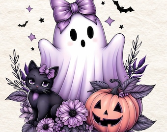 Cute Purple Ghost PNG, Black Cat & Spooky Pumpkin Sublimation Design for T-shirt, Sweatshirt, Tumbler wrap, Mug, Tote Bag, Halloween Clipart
