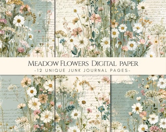 Op de afbeelding: Een collectie digitaal papier met veldbloemen en cursieve tekst. De ontwerpen bevatten witte madeliefjes, roze bloesems en groen gebladerte, gelaagd over achtergronden in vintage perkamentstijl met handgeschreven kalligrafie.