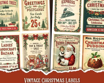 Op de afbeelding: Een verzameling vintage kerstlabels en junk journal kaarten. De labels bevatten feestelijke ontwerpen met teksten als "Season's Greetings", "North Pole Express" en "Toy & Treat Sale". Het kleurenpalet omvat rood, groen en crème.