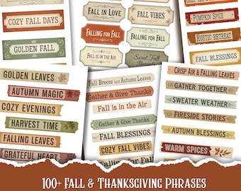 Frases de otoño, elementos decorativos imprimibles de otoño, tiras para álbumes de recortes (descarga digital)