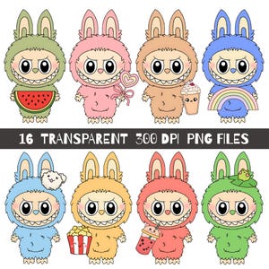 Paquete PNG de Labubu, pegatinas de Labubu, imágenes prediseñadas de monstruos, imprimible de Labubu, diseño de sublimación kawaii para camisetas, envoltorios de vasos y bolsas de mano
