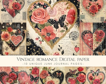 May include: A collage of vintage-style digital paper with heart and floral designs. The hearts feature roses, butterflies, and lace details. The text "VINTAGE ROMANCE DIGITAL PAPER" and "-10 UNIQUE JUNK JOURNAL PAGES-" is visible.