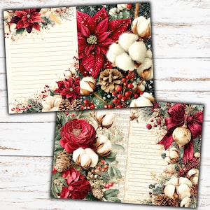 May include: Two sheets of stationery with a Christmas theme. The sheets feature red poinsettias, cotton bolls, pine cones, and red berries. One sheet has a large red bow and a Christmas ornament. The background is a white wood.