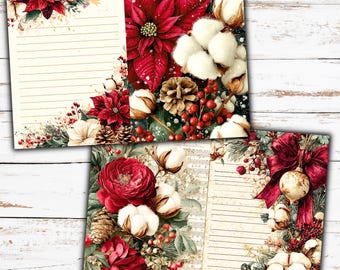 May include: Two sheets of stationery with a Christmas theme. The sheets feature red poinsettias, cotton bolls, pine cones, and red berries. One sheet has a large red bow and a Christmas ornament. The background is a white wood.