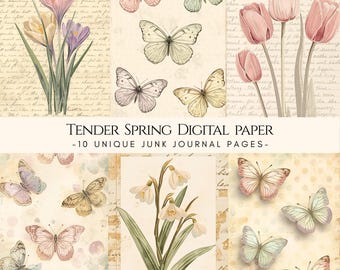 May include: Digital paper with a vintage aesthetic. The design features watercolour illustrations of butterflies, tulips, and other spring flowers. The text "Tender Spring Digital Paper - 10 Unique Junk Journal Pages" is also included.