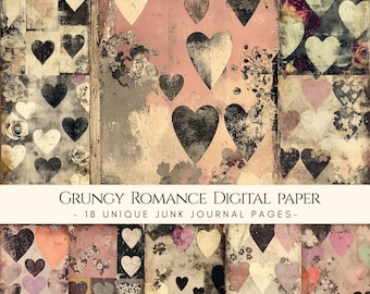 Puede incluir: Conjunto de papel digital con una estética grunge y vintage. El diseño presenta un collage de formas de corazón en varios tamaños y colores, incluyendo negro, blanco y rosa, con acentos florales. Se muestra el texto "GRUNGY ROMANCE DIGITAL PAPER - 18 UNIQUE JUNK JOURNAL PAGES-".