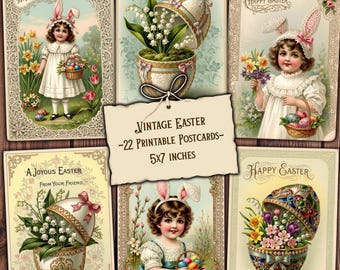 May include: A collection of vintage-style Easter postcards. The postcards feature illustrations of children, decorated Easter eggs, and floral arrangements. The text on the cards includes "Happy Easter" and "A Joyous Easter". The size of the postcards is 5x7 inches.