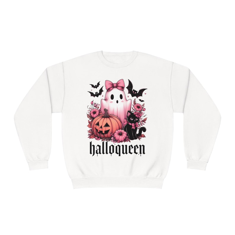 May include: White sweatshirt with a pink and black Halloween design. The design features a ghost with a pink bow, a black cat, and a pumpkin. The text "halloqueen" is printed below the design.